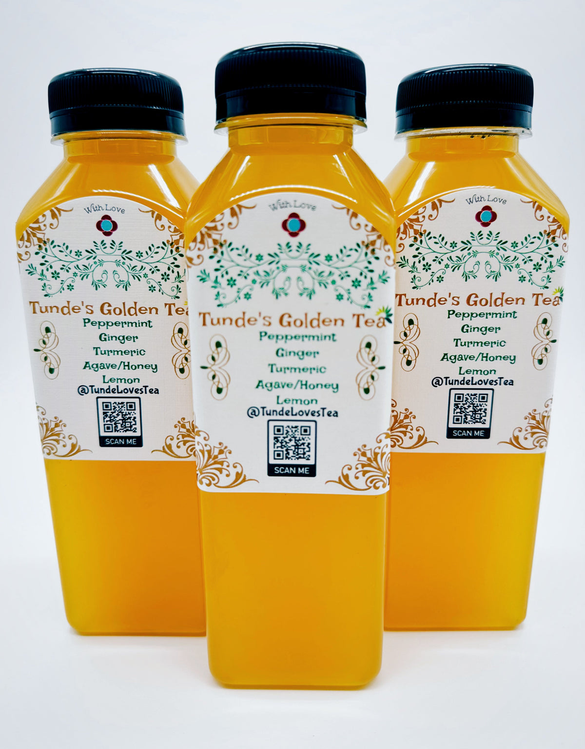 Tunde's Golden Tea, three 14 oz bottles