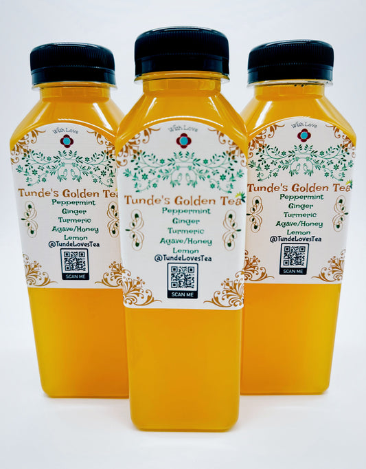 Tunde's Golden Tea, three 14 oz bottles