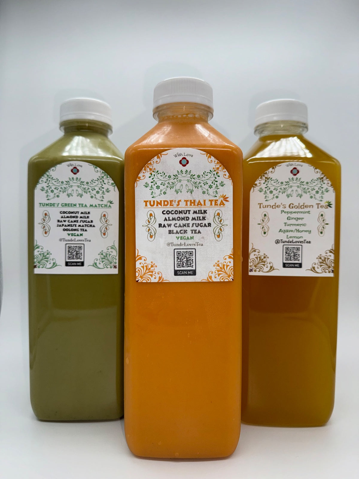 Three Tunde's Tea Shop bottles: Green Tea Matcha, Thai Tea, and Golden Tea.